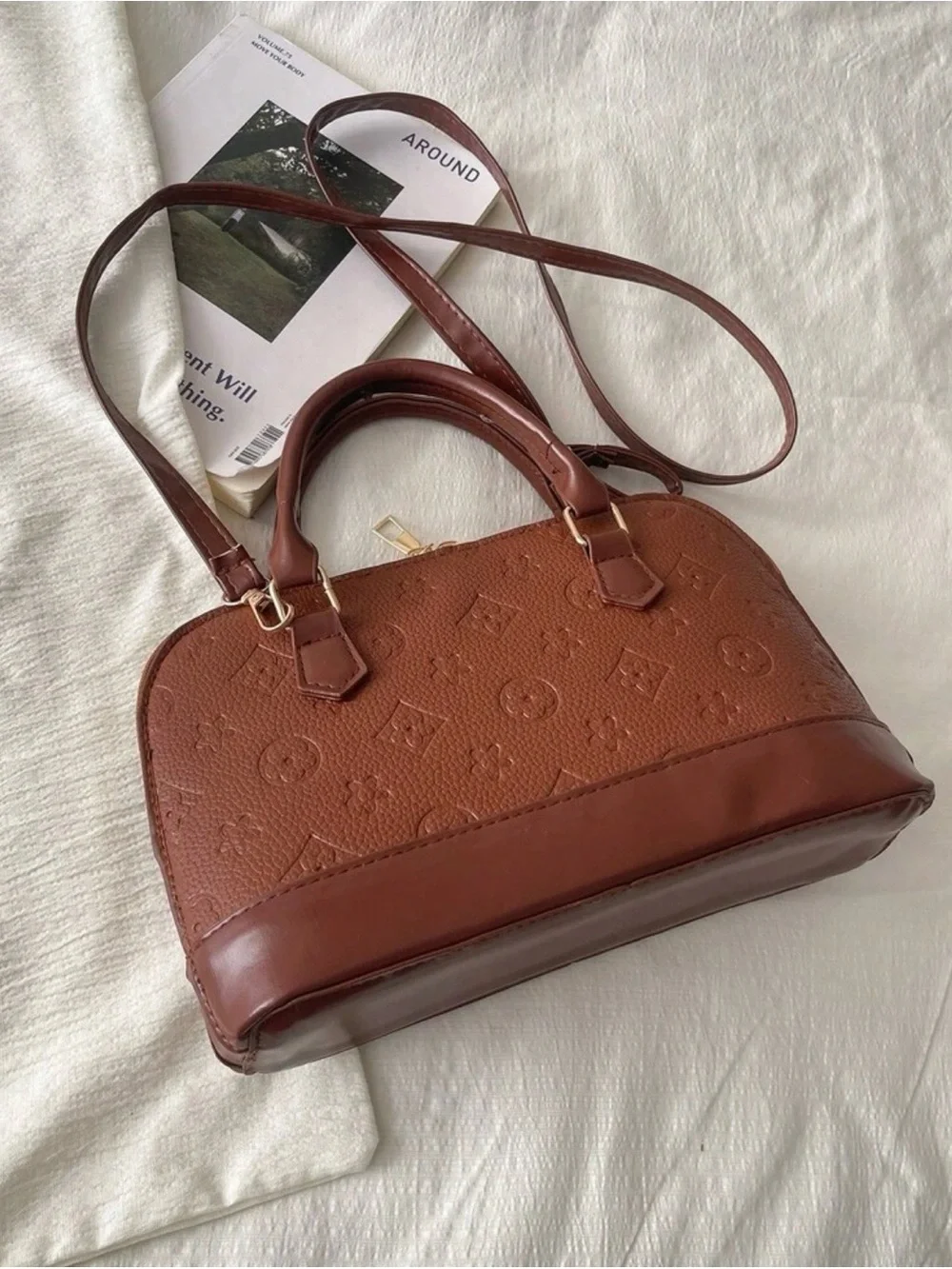 Brown Embossed Top-Handle Women's Medium Handbag Bag